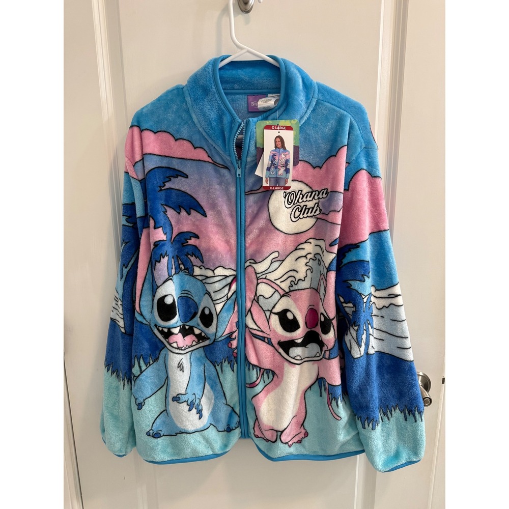 Disney Lilo & Stitch Ohana Club Fleece Jacket XL Blue Pink Angel Full Zip NWT